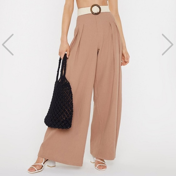 Nasty Gal Pants - Tan High Waist Wide Leg Linen Pant with Pleats